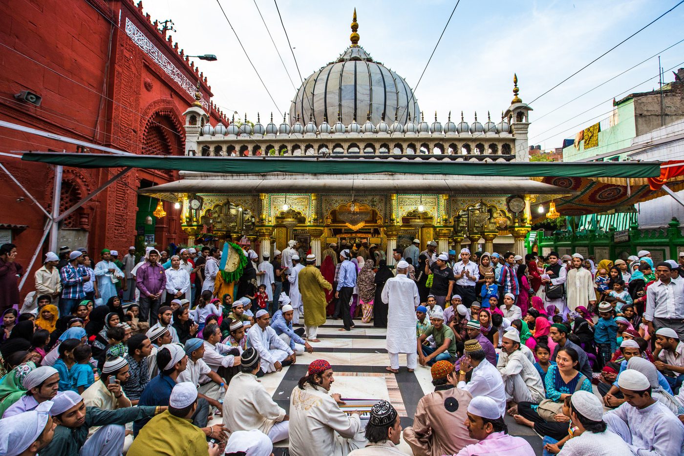 The courtyard of the Nizamuddin dargah in Delhi filling for an evening of qawwali