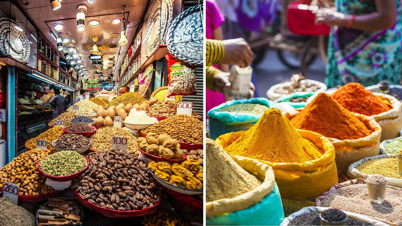 Sacks and pyramids of spice in the wholesale spice lanes of Old Delhi