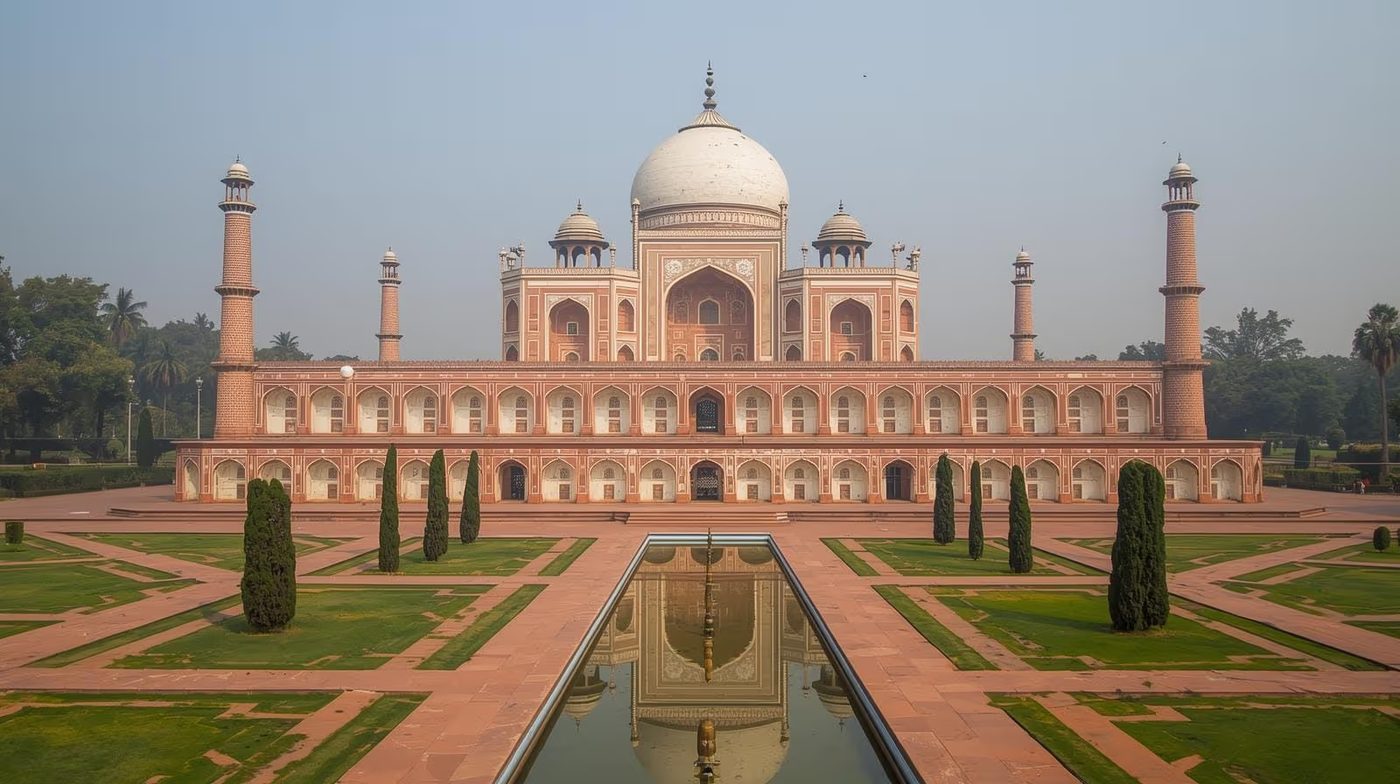 A Mughal garden tomb in Delhi reflected in still water on arrival