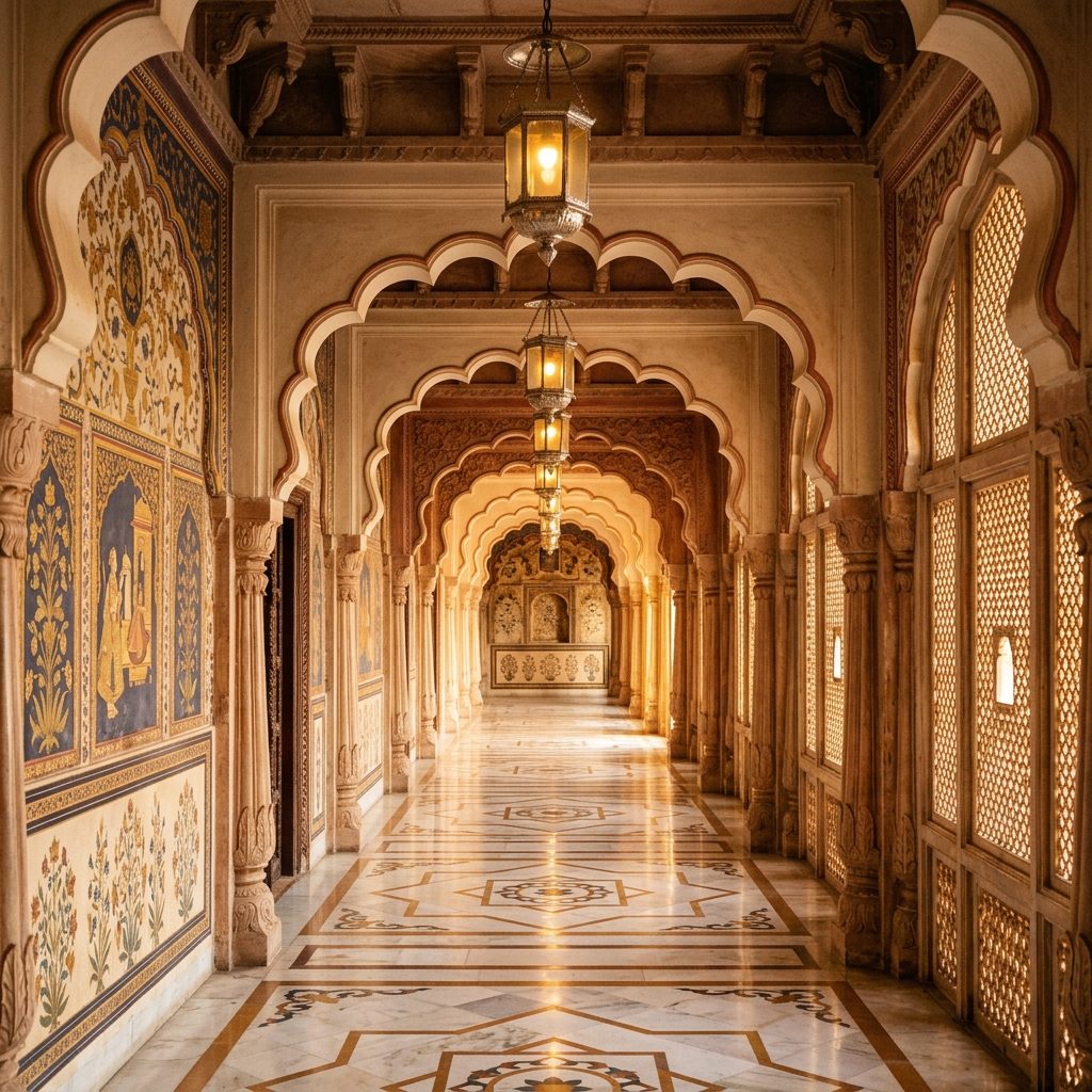 A long arched corridor of a heritage palace in warm lamplight