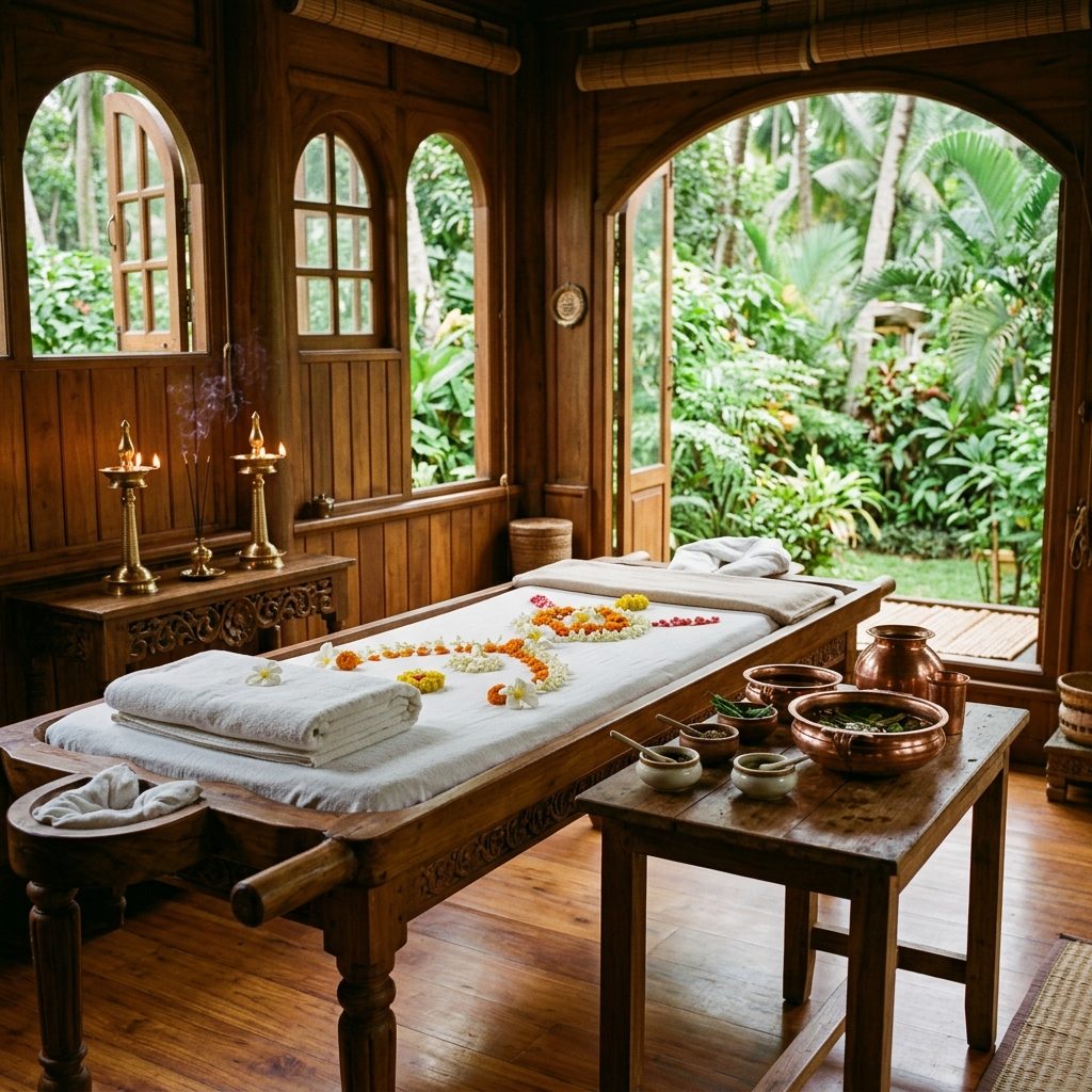 A Kerala Ayurveda treatment room with a wooden table and copper vessels